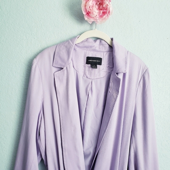 Something Navy Lilac Purple Elongated Collar Belted Trench Coat - Picture 6 of 12